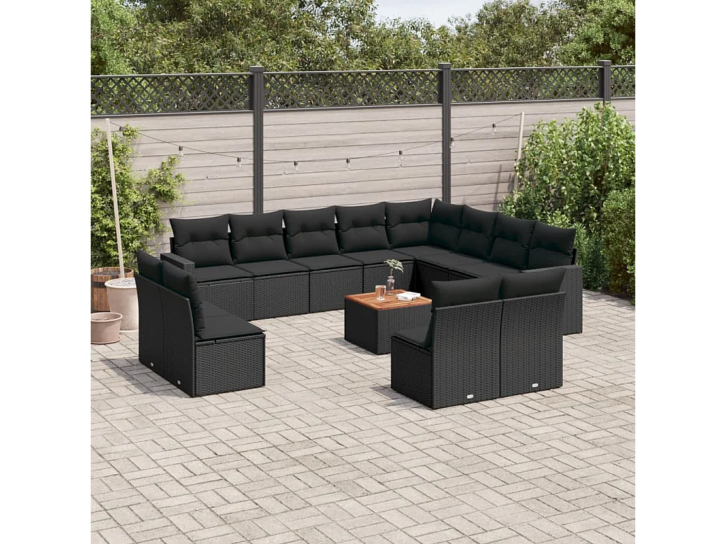 13-delige Loungeset met kussens poly rattan zwart
