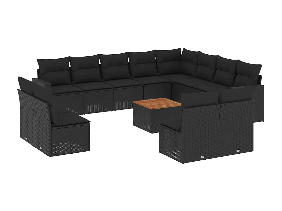 13-delige Loungeset met kussens poly rattan zwart