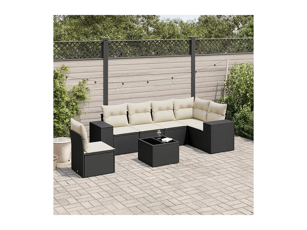 7-delige Loungeset met kussens poly rattan zwart