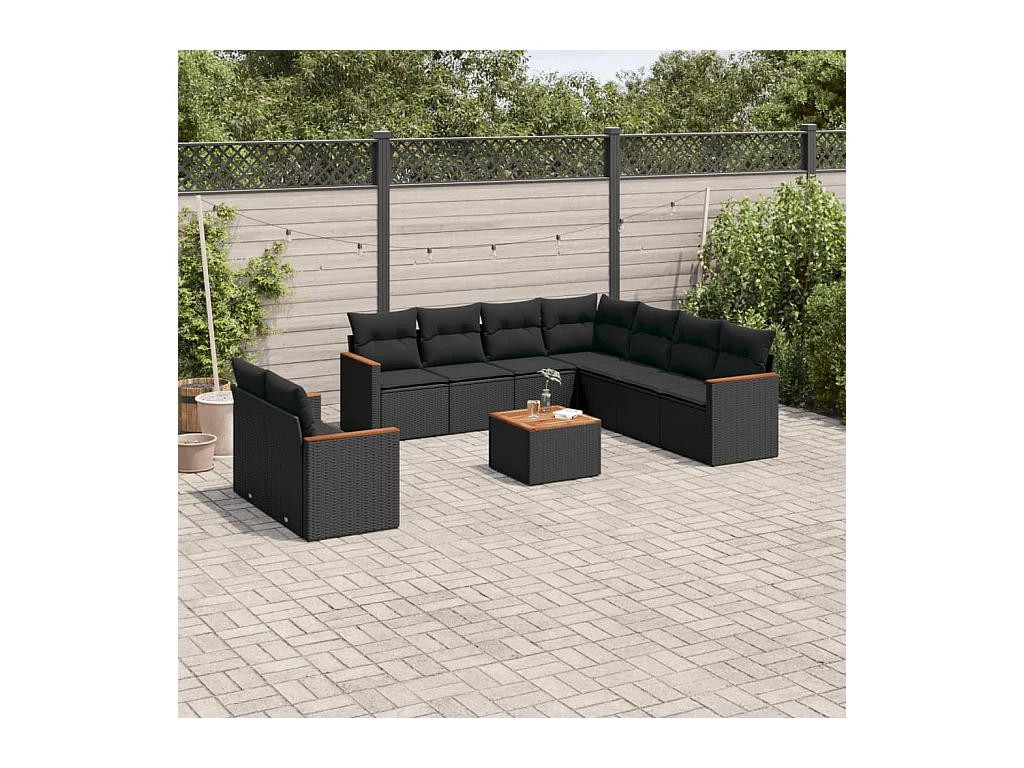 Set Divani da Giardino 10pz con Cuscini in Polyrattan Nero