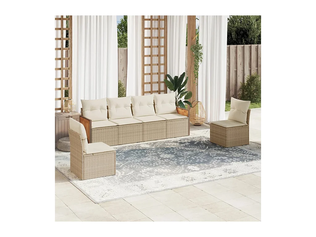 6-delige Loungeset met kussens poly rattan beige