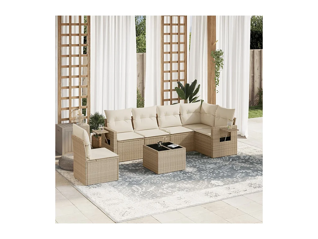7-delige Loungeset met kussens poly rattan beige