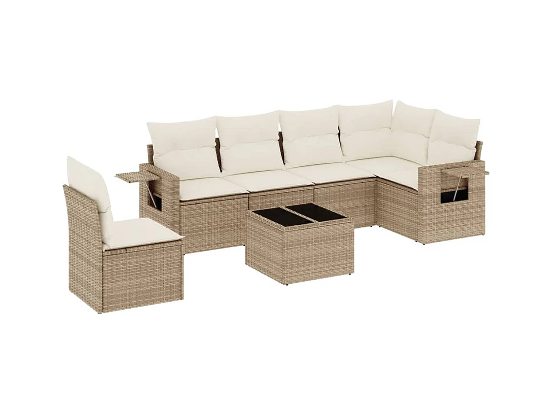 7-tlg. Garten-Sofagarnitur mit Kissen Beige Poly Rattan