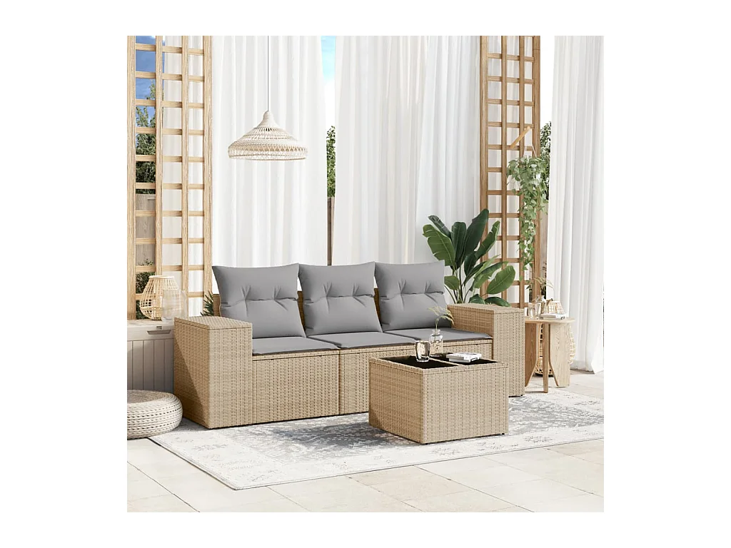 4-tlg. Garten-Sofagarnitur mit Kissen Beige Poly Rattan