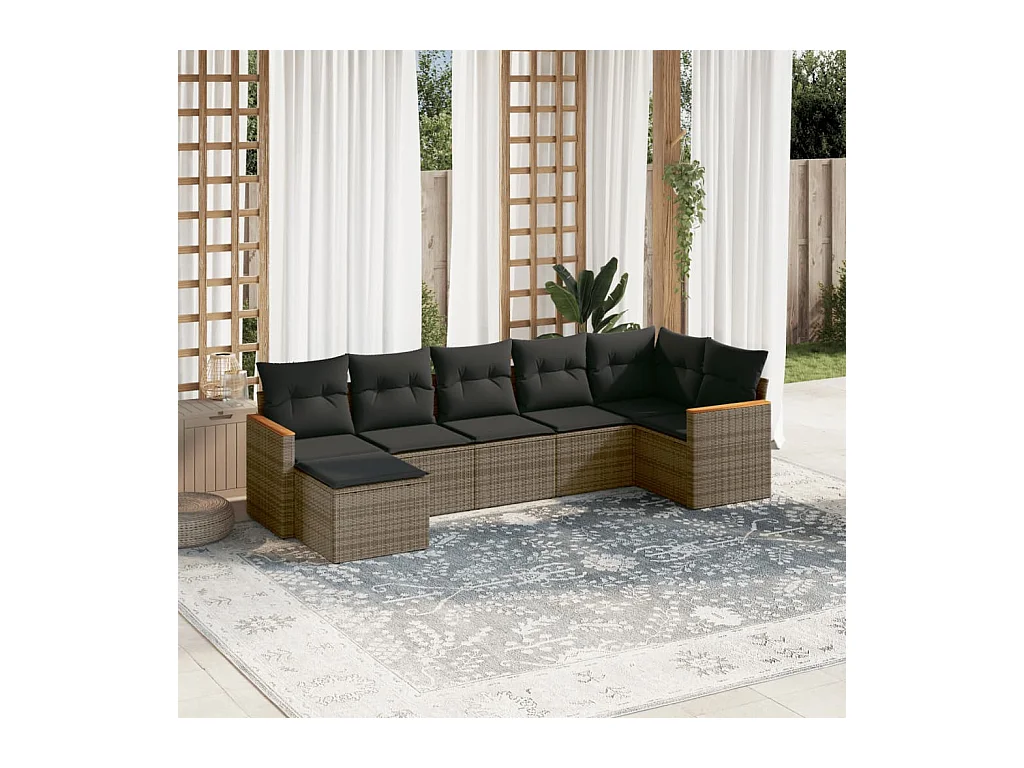 7-delige Loungeset met kussens poly rattan grijs