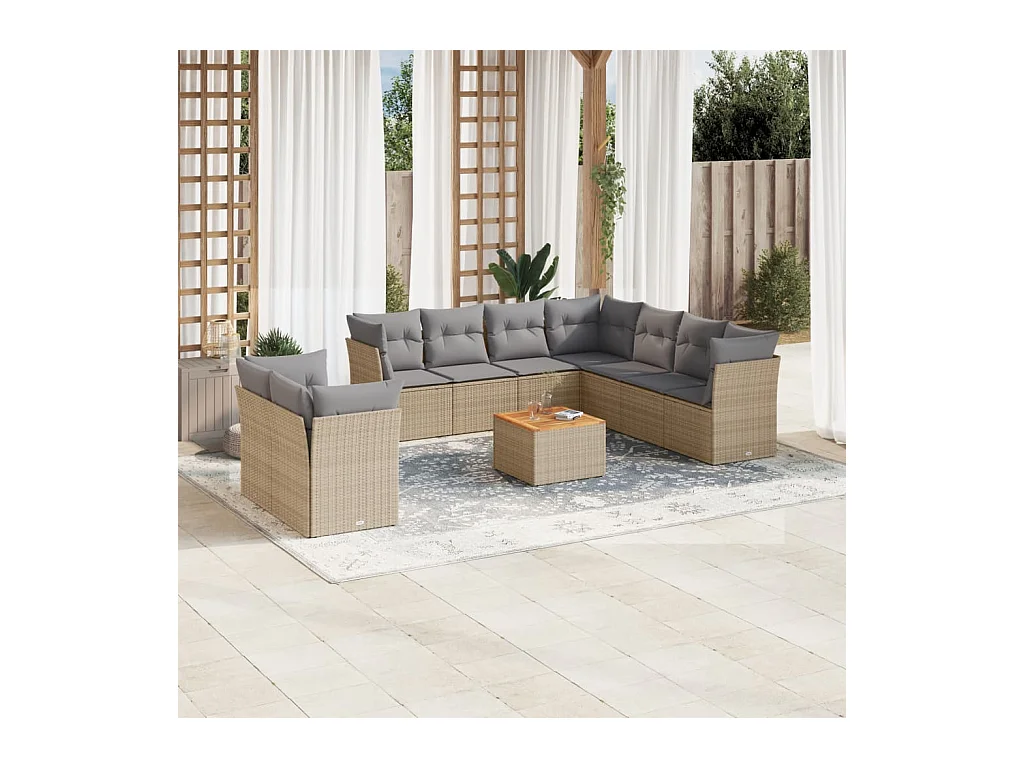 10-delige Loungeset met kussens poly rattan beige