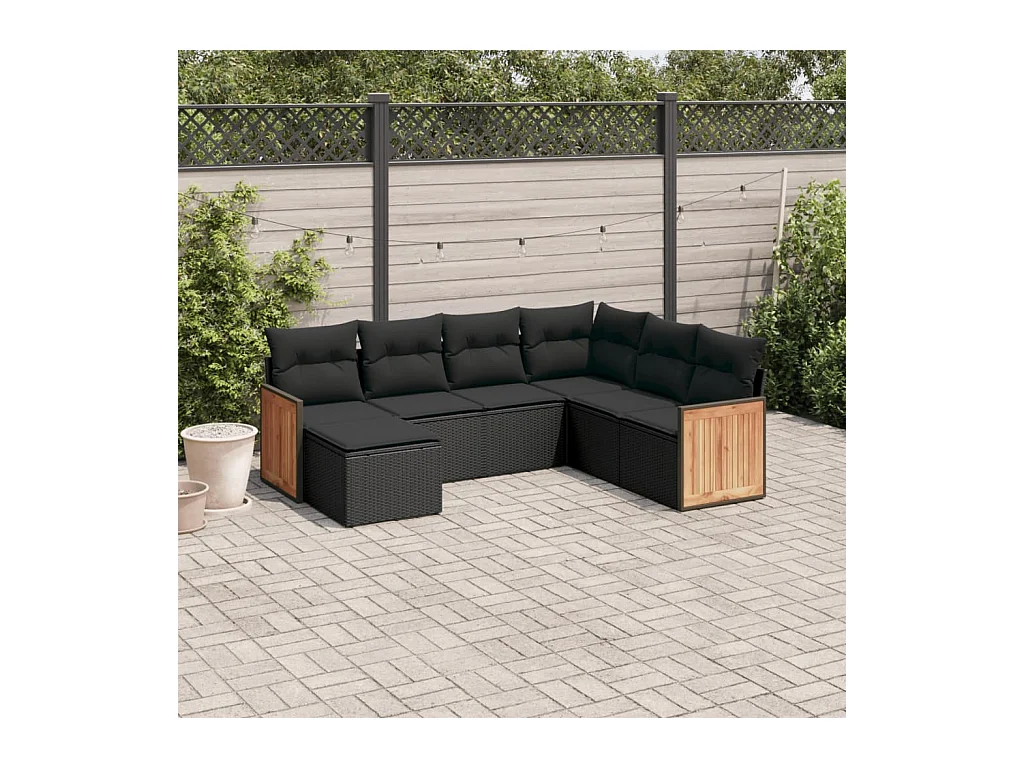 Salon de jardin 7 pcs avec coussins noir résine tressée