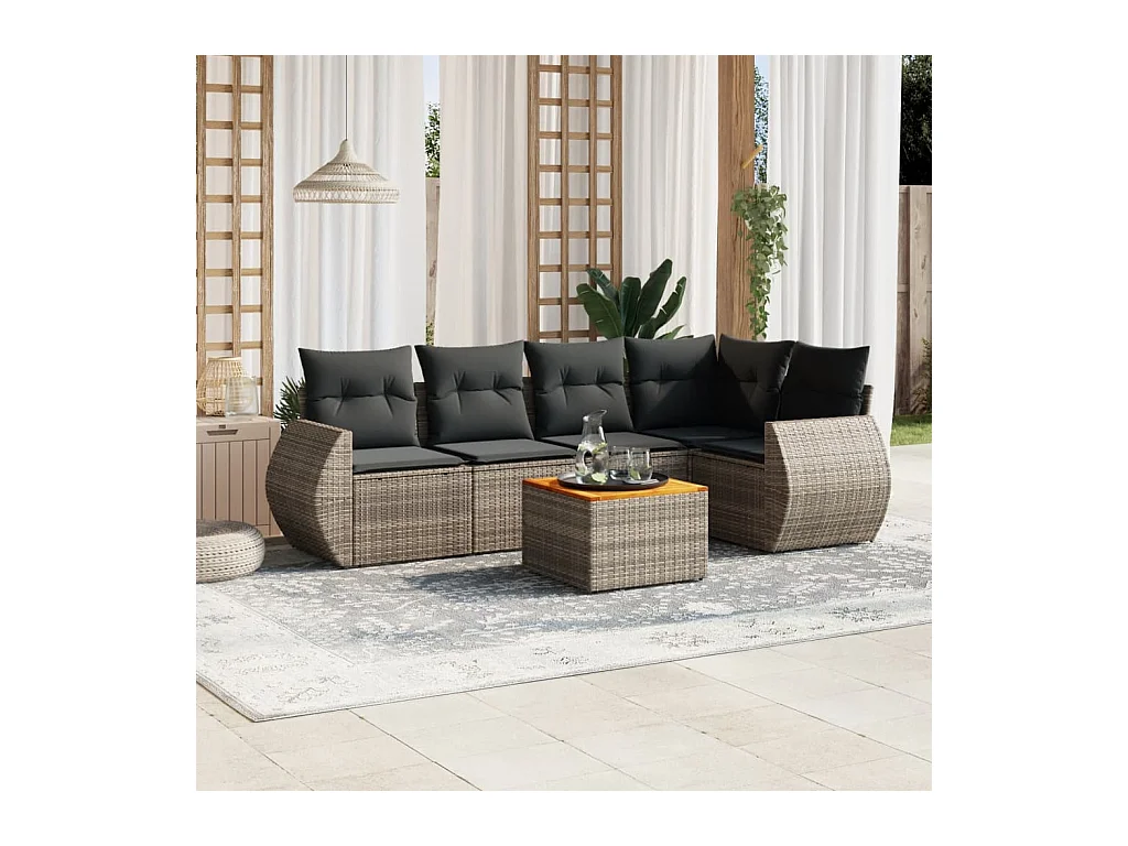 Salon de jardin 6 pcs avec coussins gris résine tressée