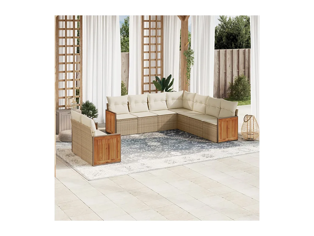 Set Divano da Giardino 9 pz con Cuscini Beige in Polyrattan
