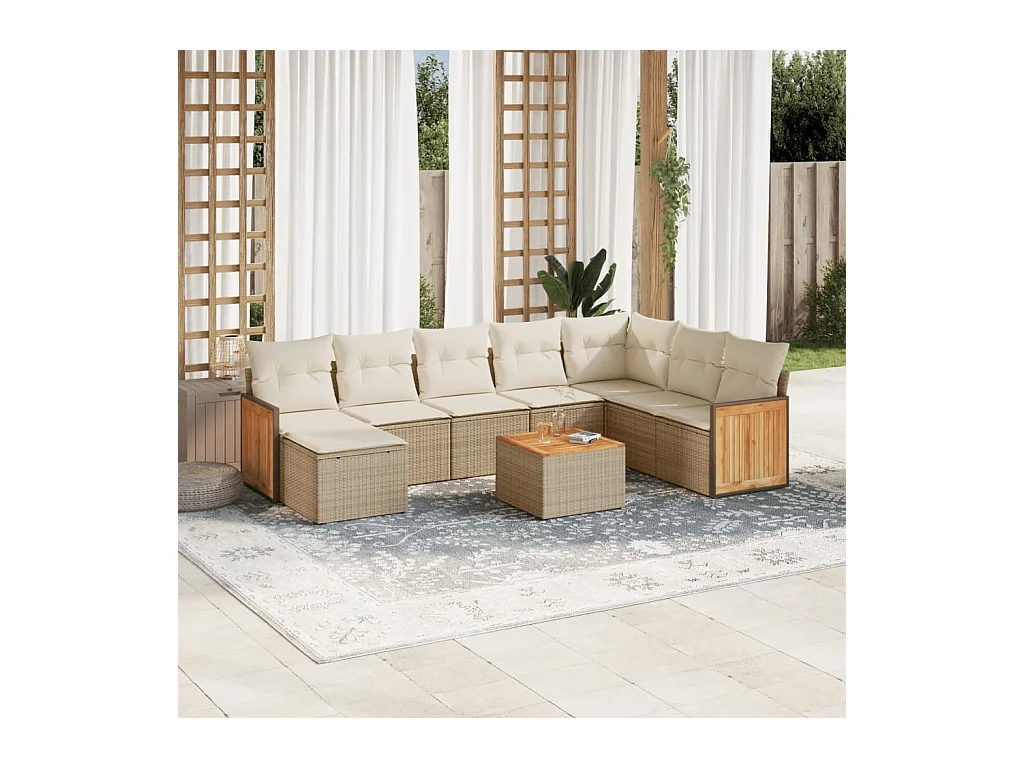 Salon de jardin avec coussins 9 pcs beige résine tressée
