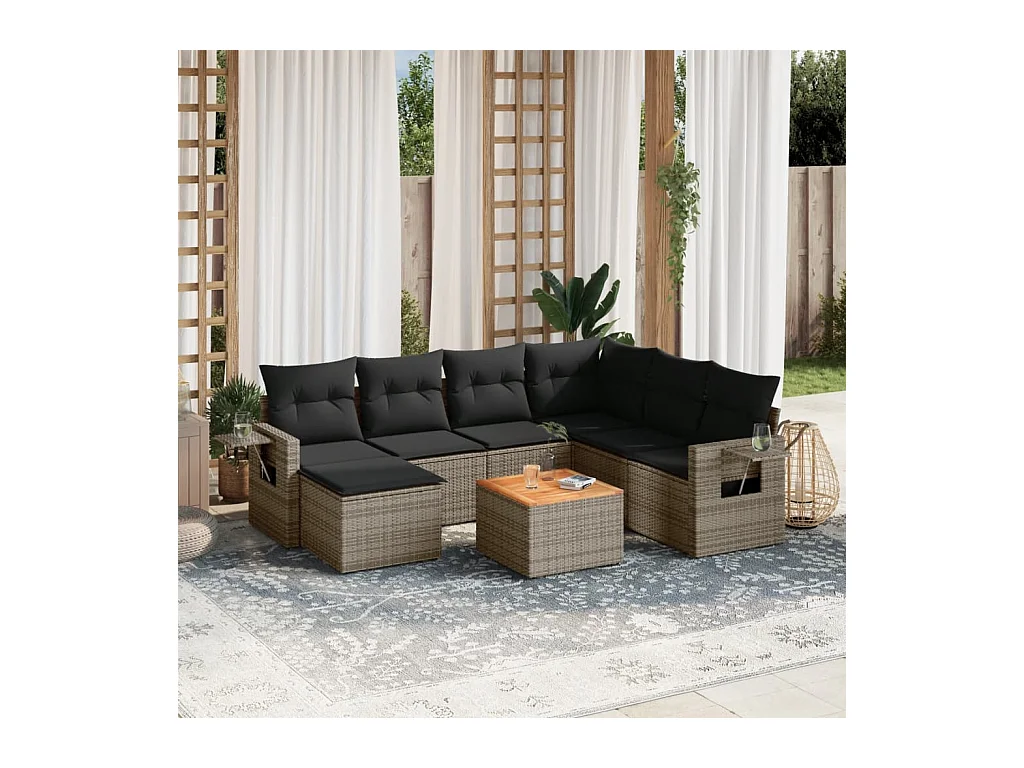 8-delige Loungeset met kussens poly rattan grijs