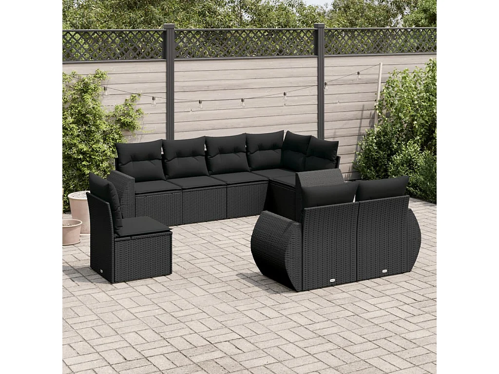 Salon de jardin 8 pcs avec coussins noir résine tressée