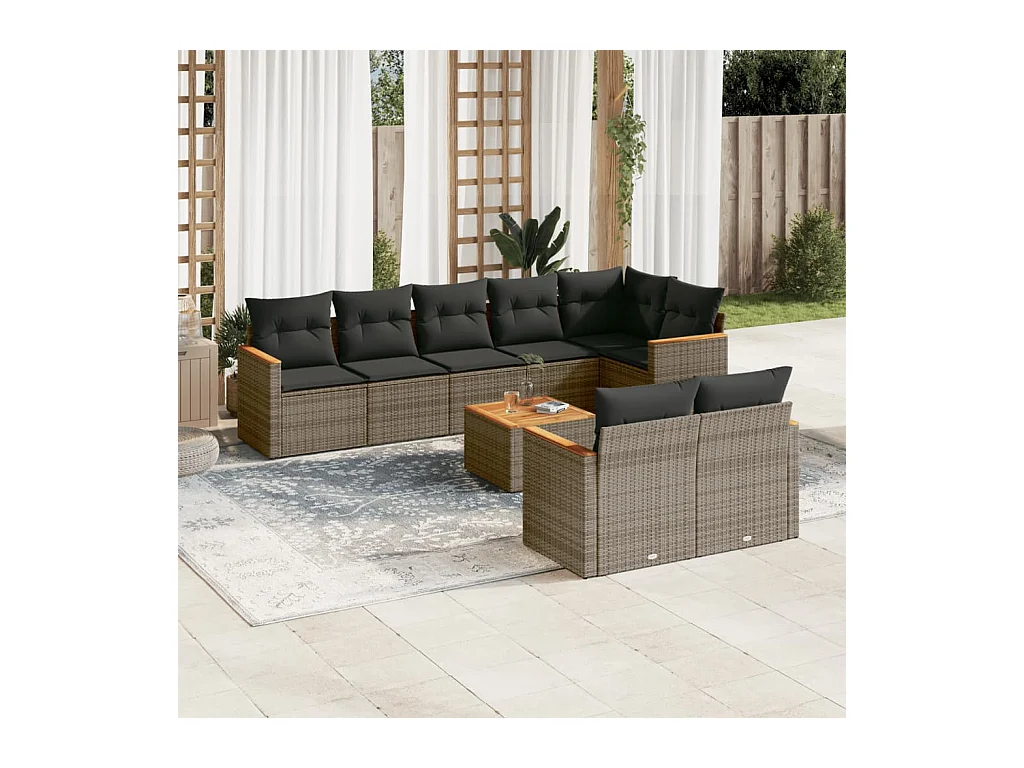 9-delige Loungeset met kussens poly rattan grijs