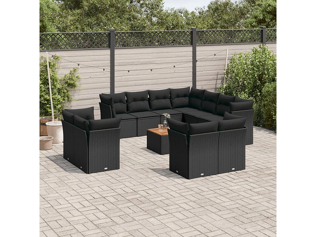 12-tlg. Garten-Sofagarnitur mit Kissen Schwarz Poly Rattan