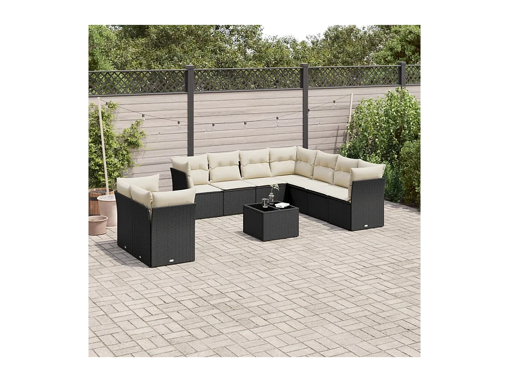 Salon de jardin 10 pcs avec coussins noir résine tressée
