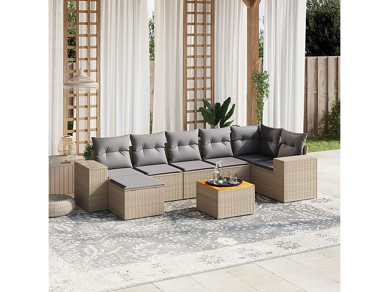 Set Divano da Giardino 8 pz con Cuscini Beige in Polyrattan