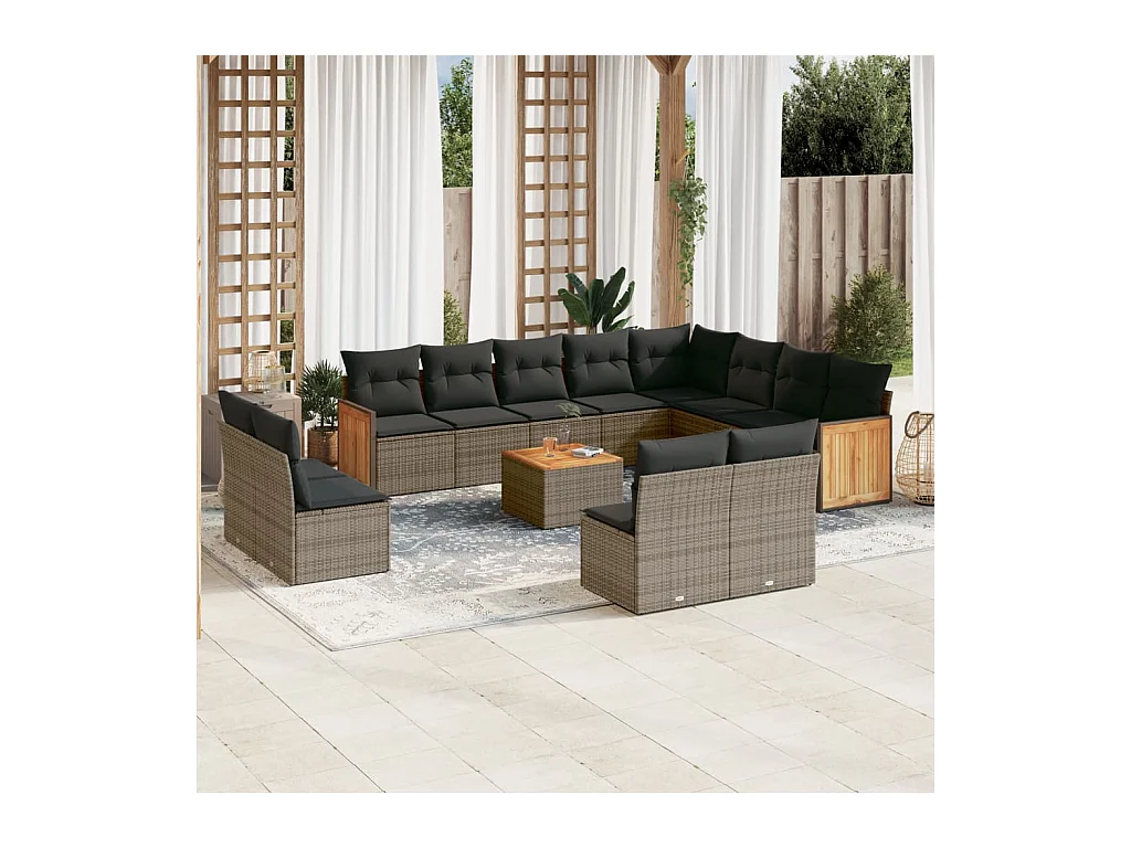 Salon de jardin avec coussins 13 pcs gris résine tressée