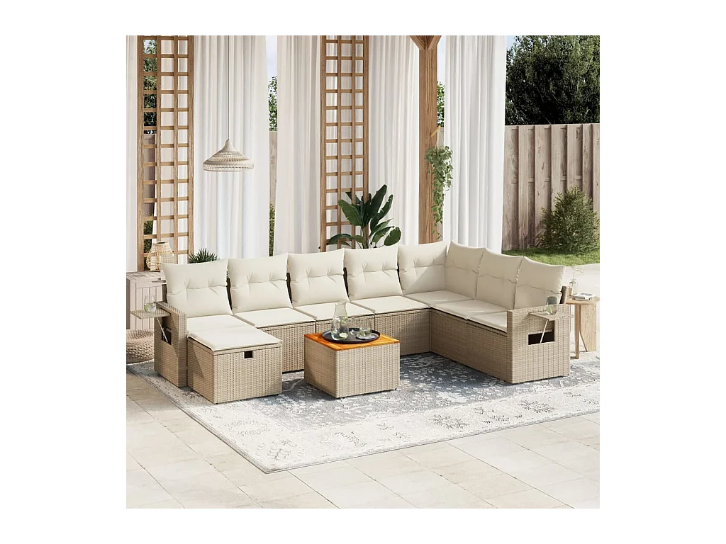 Set Divano da Giardino 9 pz con Cuscini Beige in Polyrattan