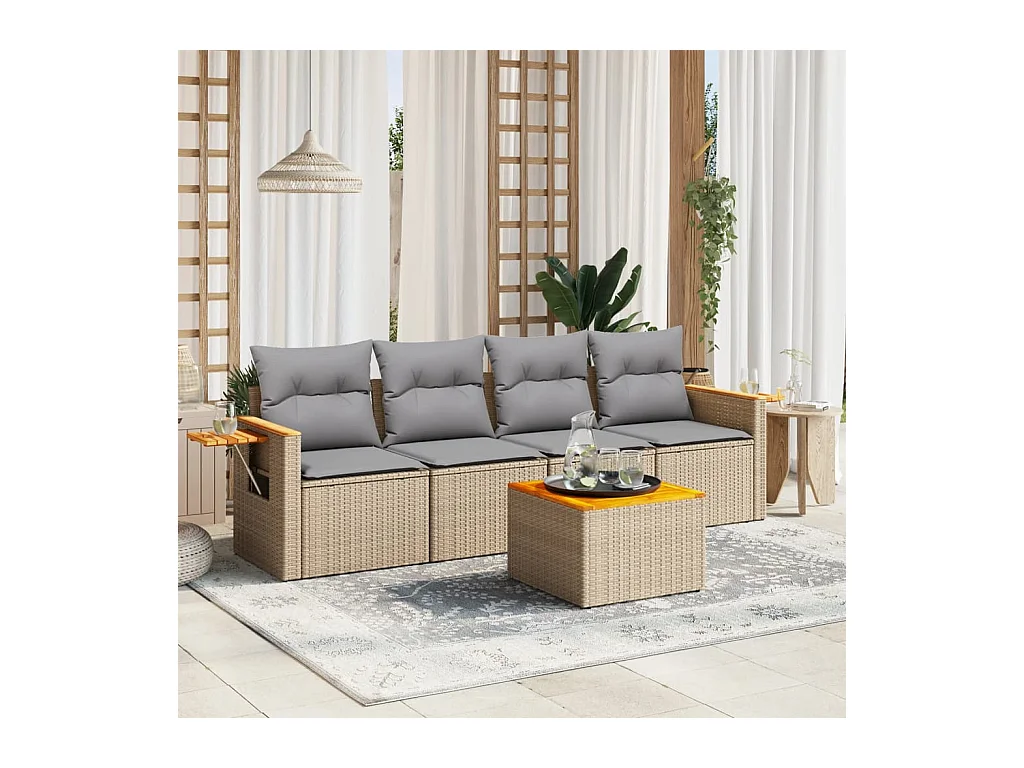 Salon de jardin avec coussins 5 pcs beige résine tressée
