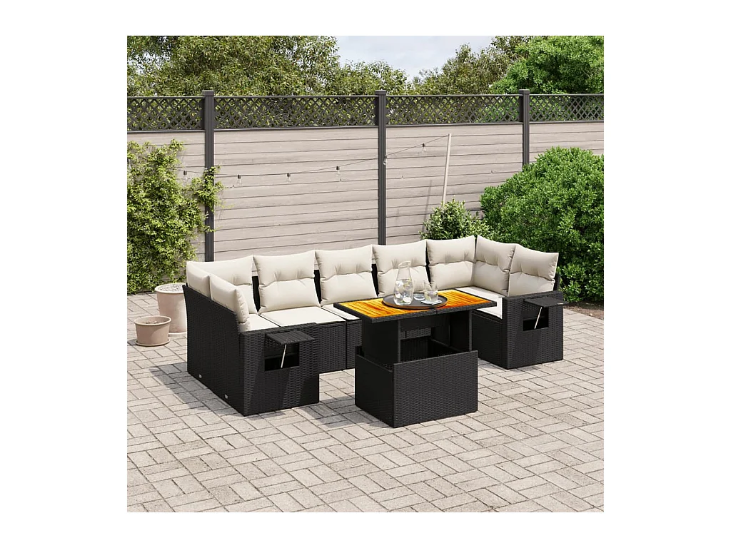 Salon de jardin 8 pcs avec coussins noir résine tressée