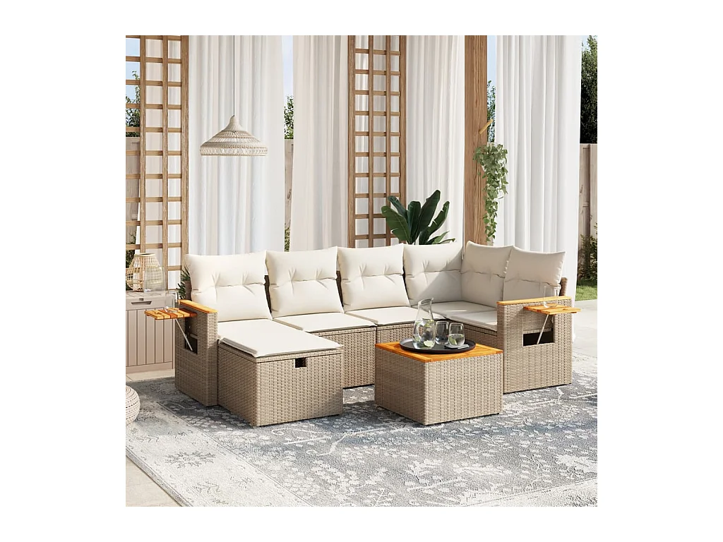 Salon de jardin avec coussins 7 pcs beige résine tressée