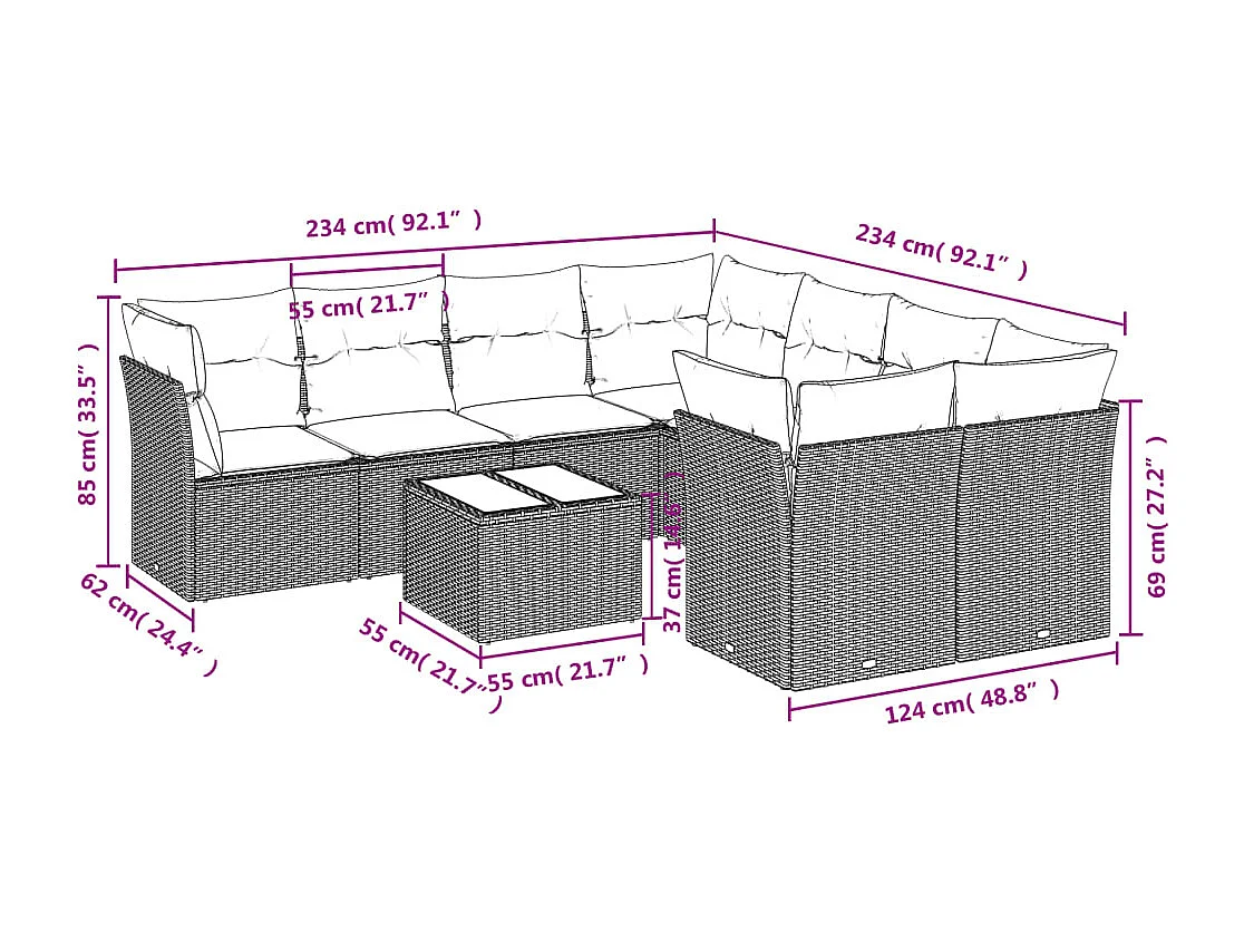 Set Divani da Giardino 9 pz con Cuscini Nero in Polyrattan