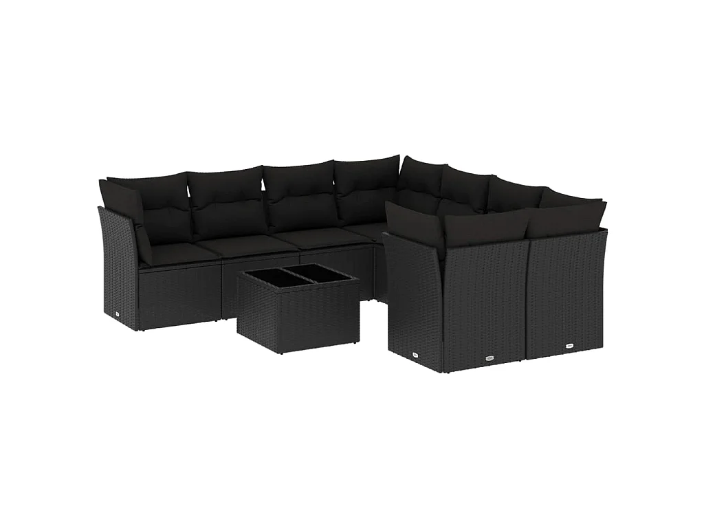 Salon de jardin 9 pcs avec coussins noir résine tressée