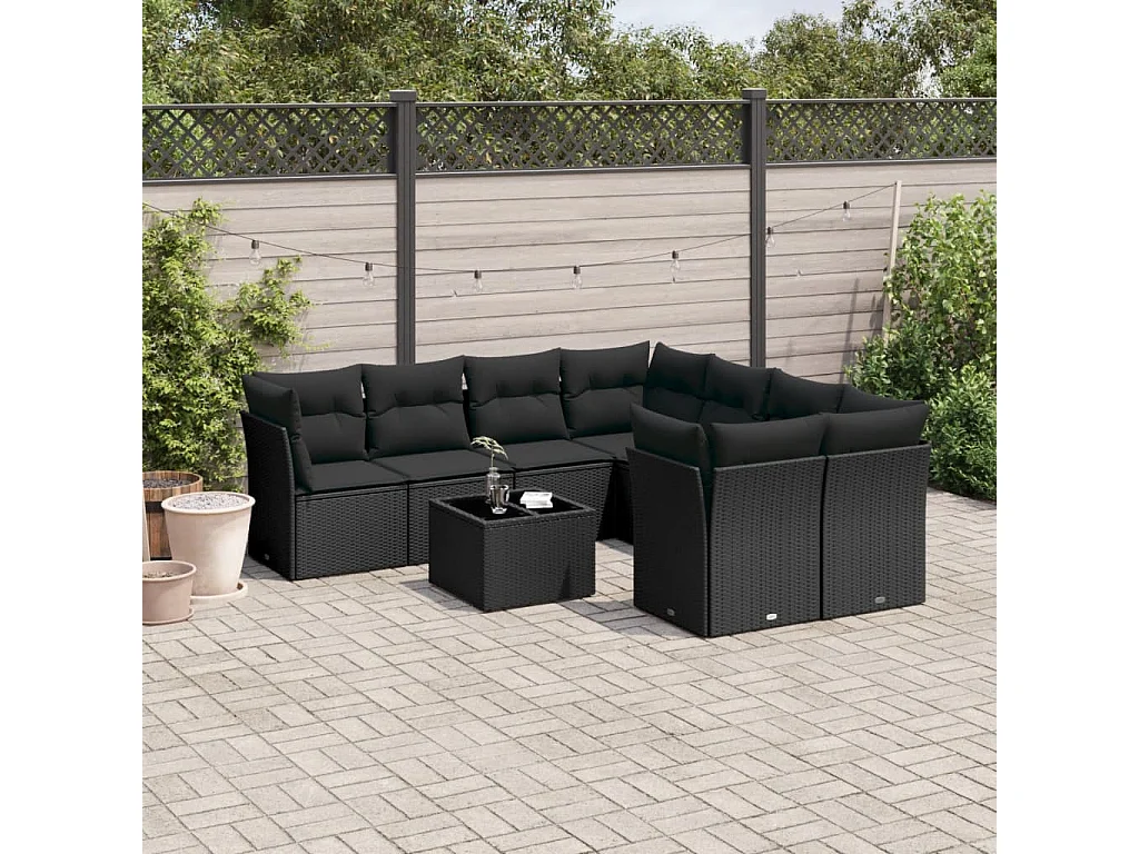 Salon de jardin 9 pcs avec coussins noir résine tressée