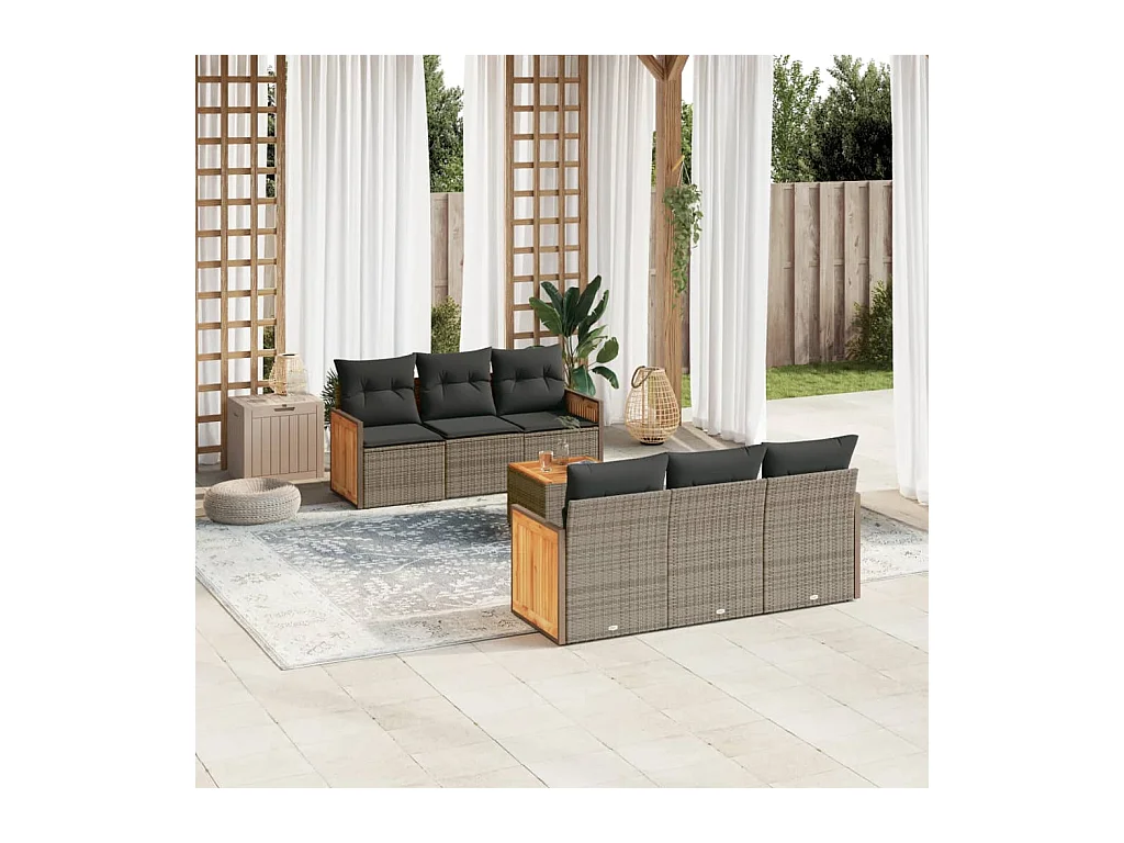 Set de sofás de jardín 7 piezas con cojines ratán PE gris