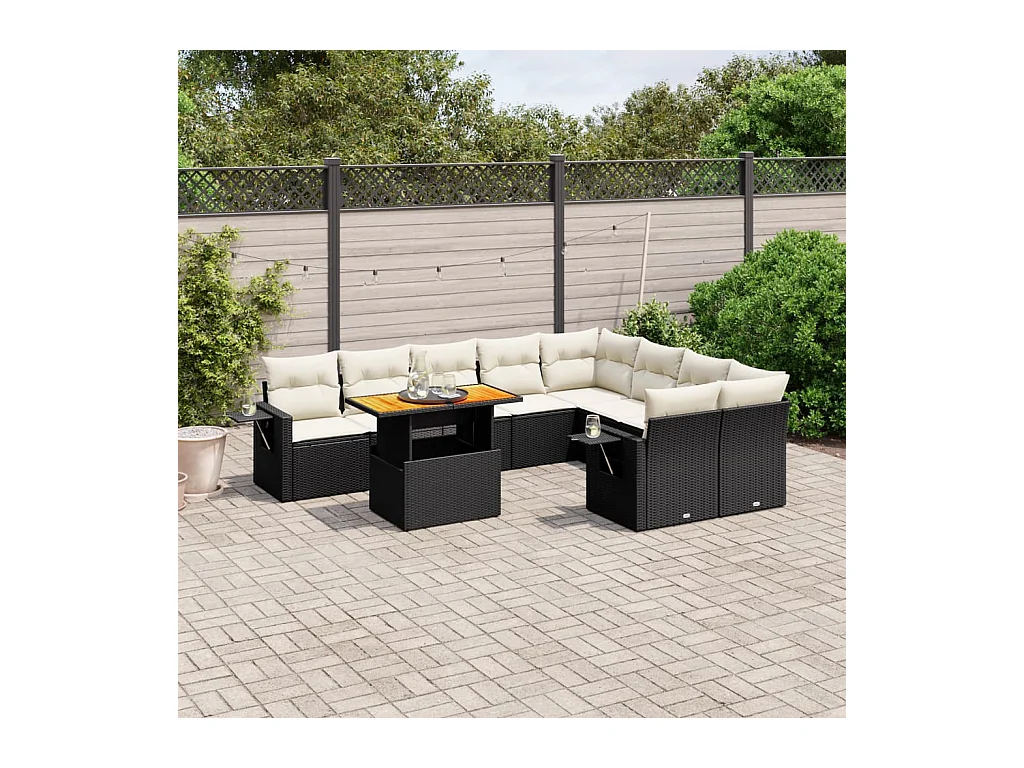 Salon de jardin 10 pcs avec coussins noir résine tressée
