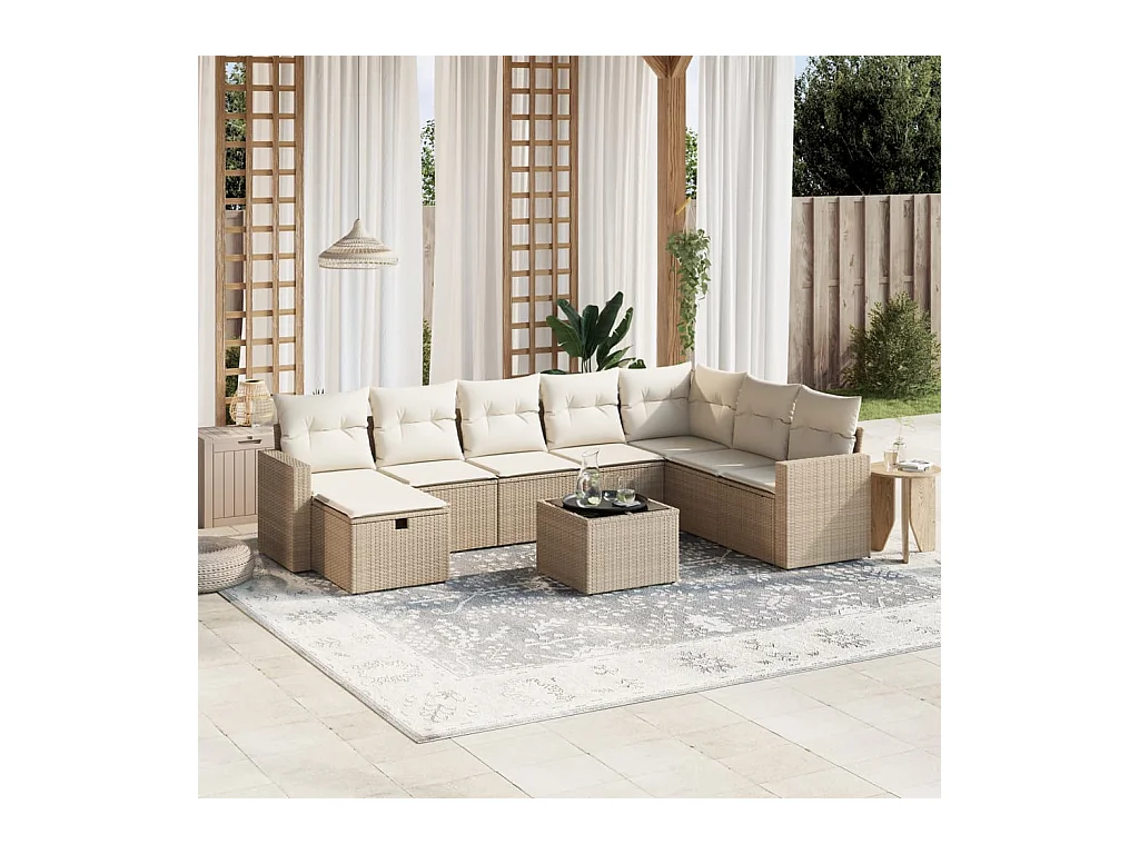 9-tlg. Garten-Sofagarnitur mit Kissen Beige Poly Rattan