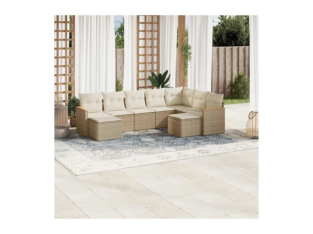 Salon de jardin avec coussins 9 pcs beige résine tressée