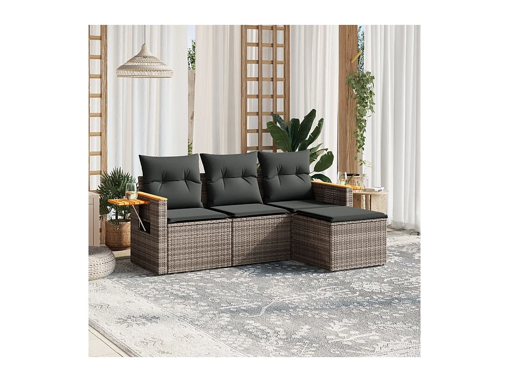 Salon de jardin 4 pcs avec coussins gris résine tressée