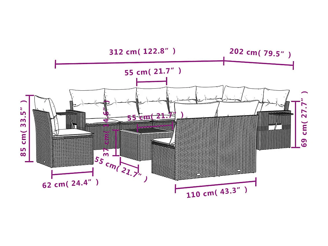 Set Divano da Giardino 11 pz con Cuscini Beige Misto Polyrattan