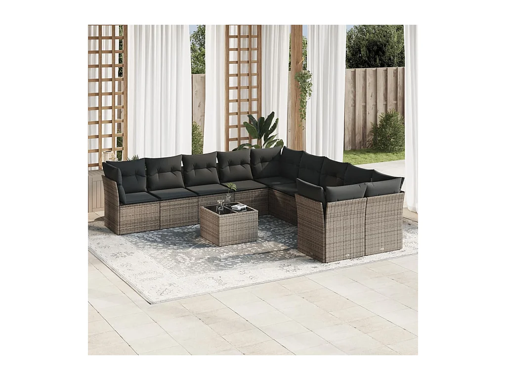 Set Divani da Giardino 11 pz con Cuscini in Polyrattan Grigio