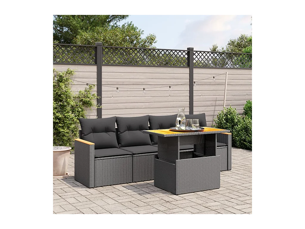 Salon de jardin 5 pcs avec coussins noir résine tressée