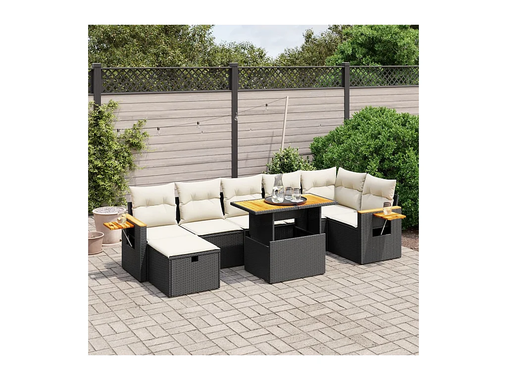 Salon de jardin 8 pcs avec coussins noir résine tressée