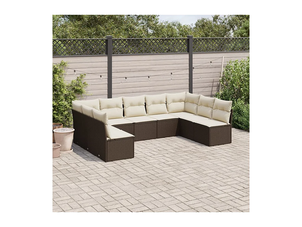 Salon de jardin avec coussins 9 pcs marron résine tressée