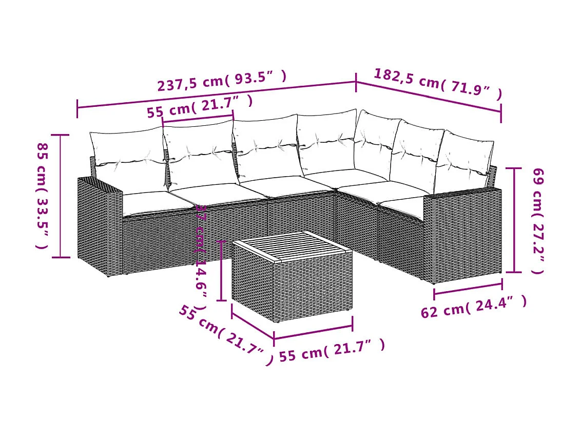 Salon de jardin 7 pcs avec coussins noir résine tressée