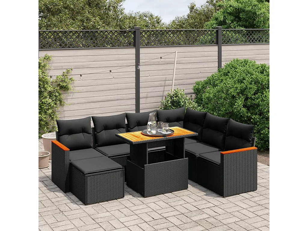 8-tlg. Garten-Sofagarnitur mit Kissen Schwarz Poly Rattan