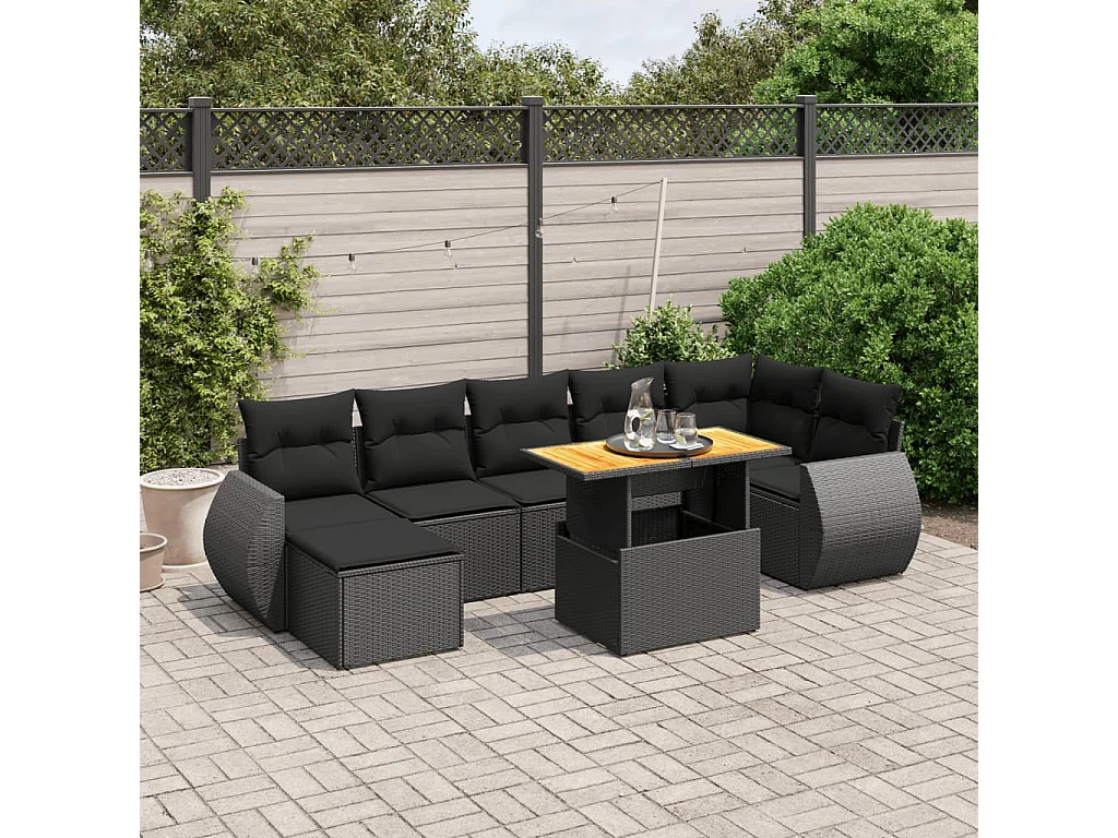 8-delige Loungeset met kussens poly rattan zwart