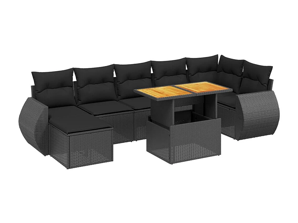 8-delige Loungeset met kussens poly rattan zwart
