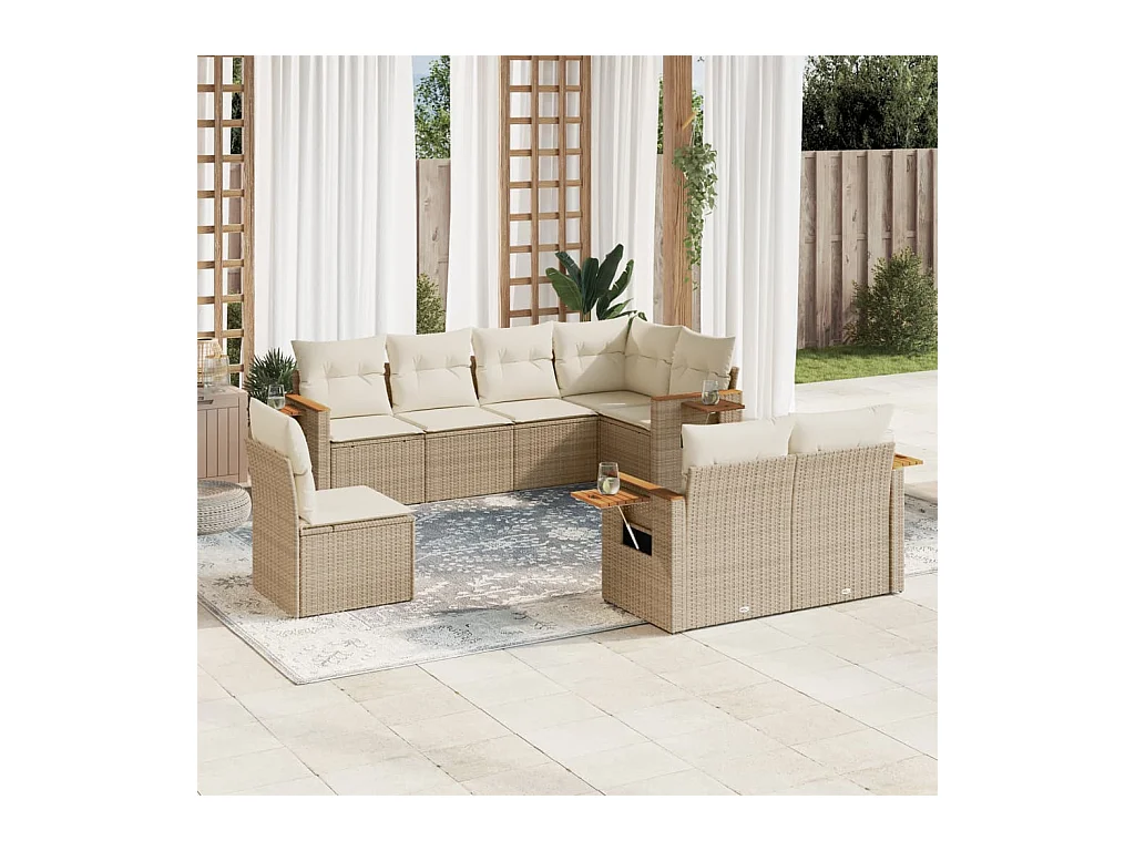 Salon de jardin avec coussins 8 pcs beige résine tressée