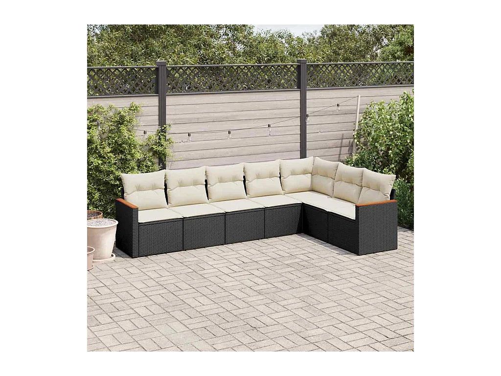 7-delige Loungeset met kussens poly rattan zwart