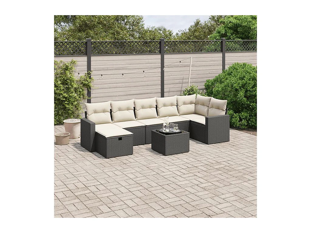8-delige Loungeset met kussens poly rattan zwart