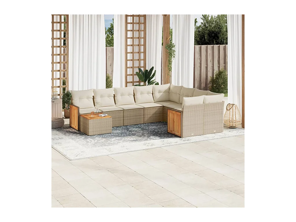 Salon de jardin avec coussins 10 pcs beige résine tressée