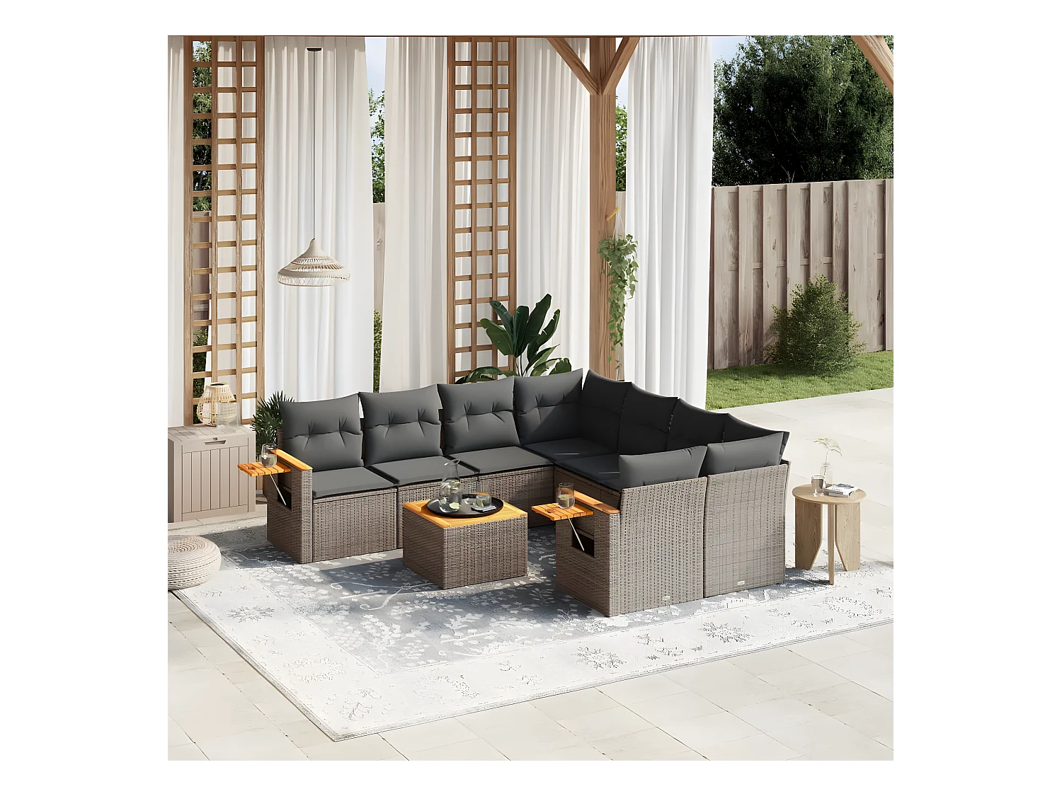 Salon de jardin 9 pcs avec coussins gris résine tressée