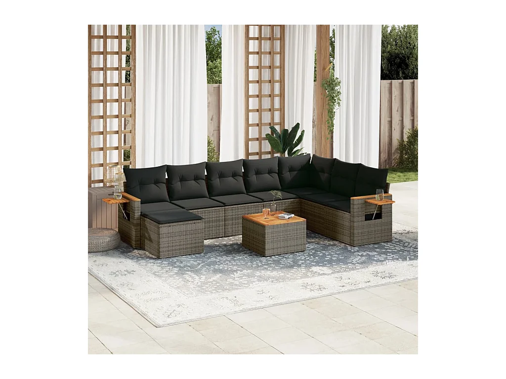 Salon de jardin 9 pcs avec coussins gris résine tressée