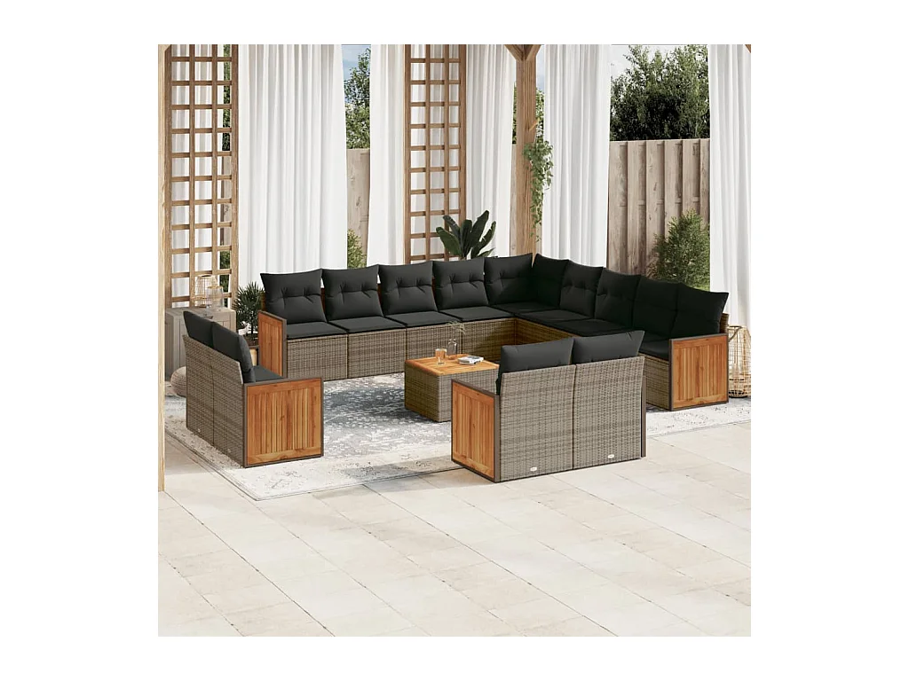 Set Divani da Giardino 14pz con Cuscini in Polyrattan Grigio