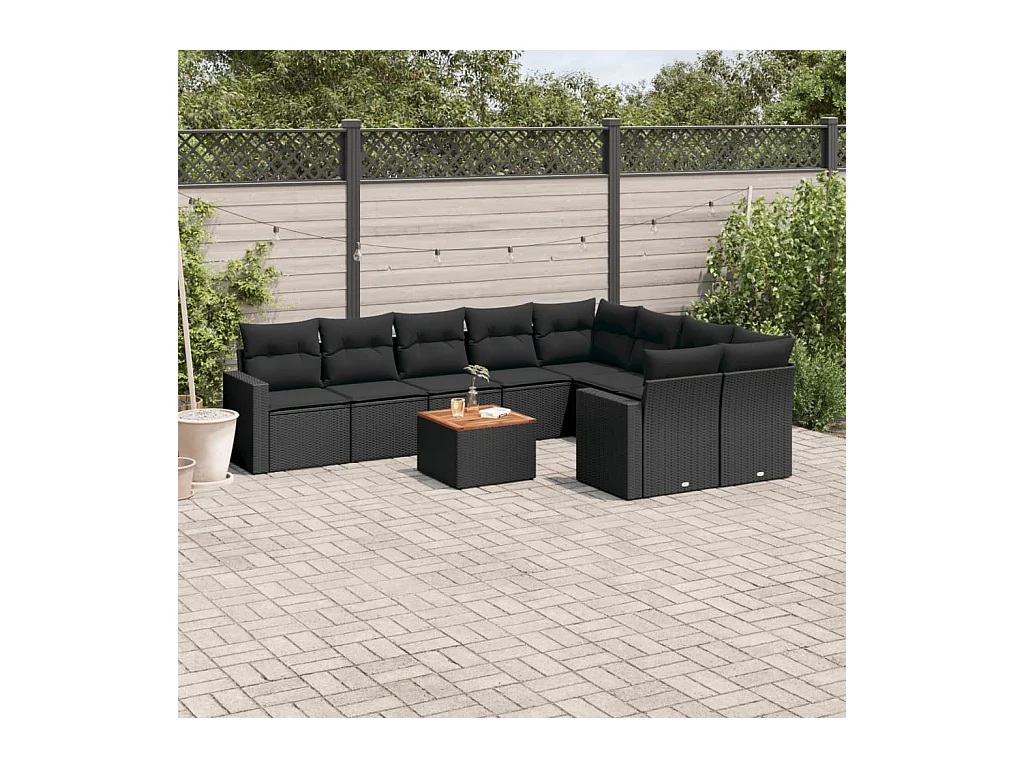 Set Divani da Giardino 10pz con Cuscini in Polyrattan Nero